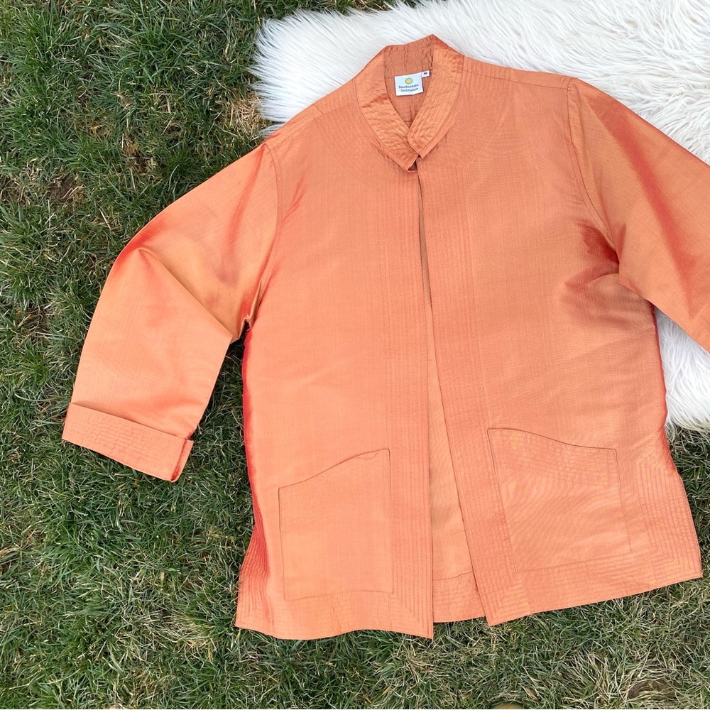 Smithsonian Institute Orange Iridescent Silk Jacket Open Front Cardigan Medium